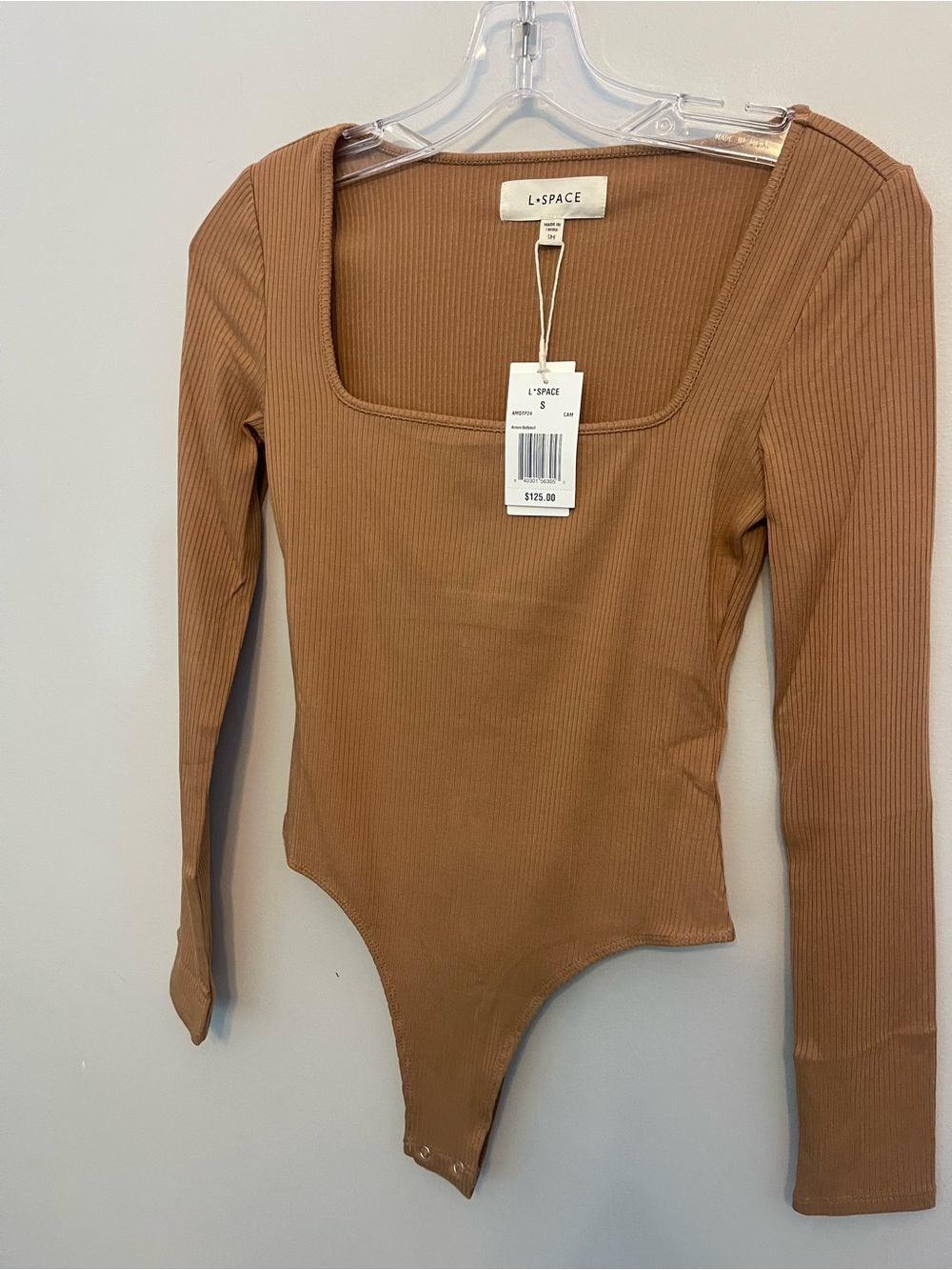 L*Space Amore Long-Sleeve Square-Neck Bodysuit In Camel NWT Small - Picture 4 of 7